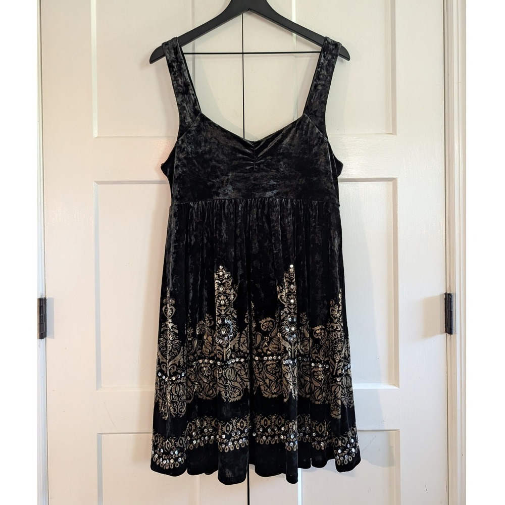 Free People Underground Black Crushed Velvet Goth Sequin Babydoll Dress Large